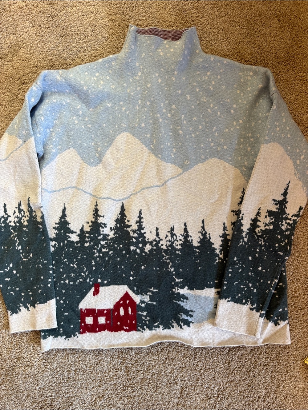 Tahari Light Blue, Cream & Red Holiday Cabin Knit Sweater